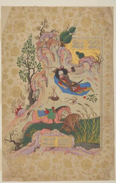 Rustam's horse Rakhsh fights a lion while Rustam sleeps, from the Book of Kings (Shahnama) by Firdausi — تصویر رکورد یوروپیانا