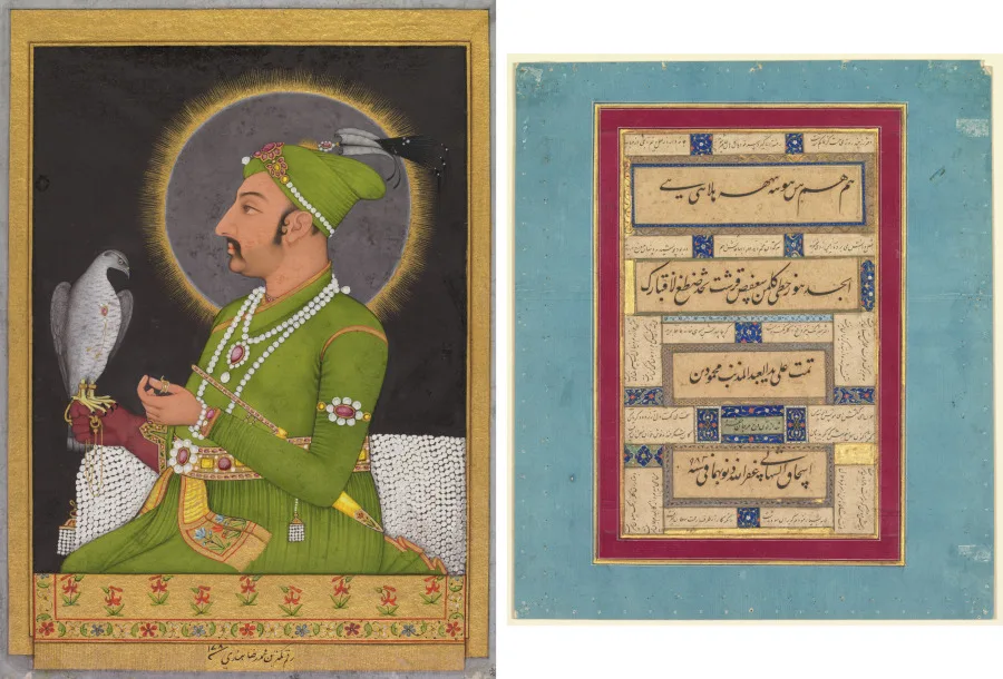 Posthumous portrait of the Mughal emperor Muhammad Shah (reigned 1719–1748) holding a falcon (recto); Calligraphy (verso) — تصویر رکورد موزهٔ هنر کلیولند (دسترسی آزاد)