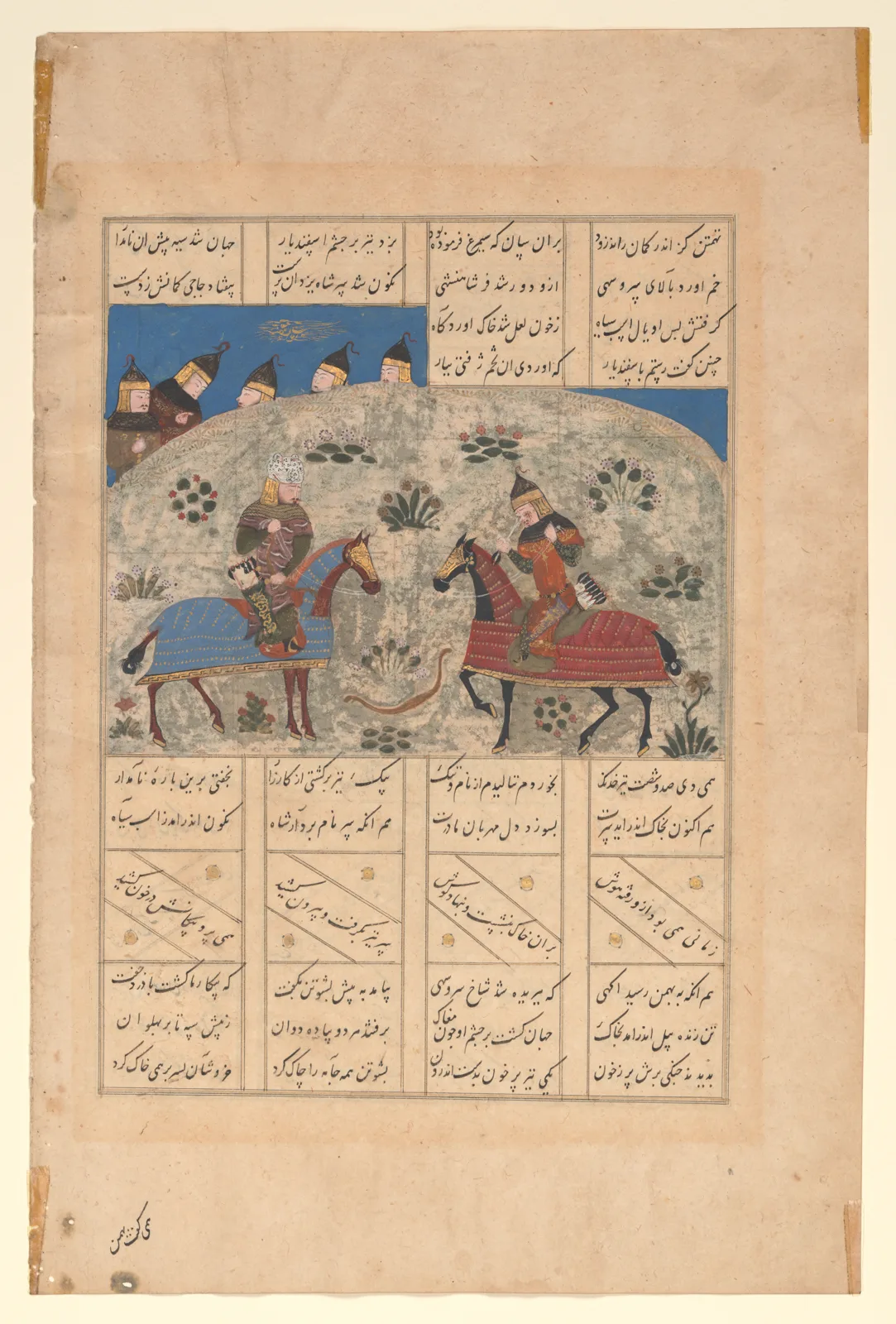 "Rustam Kills Isfandiyar with a Double Pointed Arrow", Folio from a Shahnama — تصویر رکورد موزهٔ متروپولیتن (دسترسی آزاد)