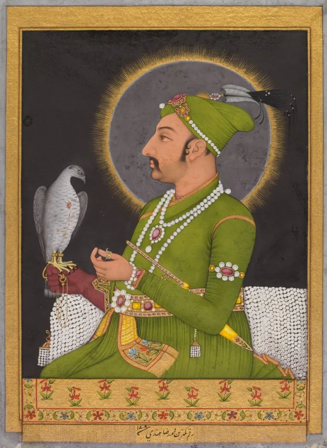 Posthumous portrait of the Mughal emperor Muhammad Shah (reigned 1719–1748) holding a falcon (recto) — تصویر رکورد موزهٔ هنر کلیولند (دسترسی آزاد)