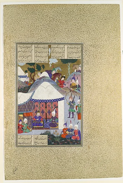 "Zal Questions Sam's Intentions Regarding the House of Mihrab", Folio 81v from the Shahnama (Book of Kings) of Shah Tahmasp — تصویر رکورد موزهٔ متروپولیتن (دسترسی آزاد)