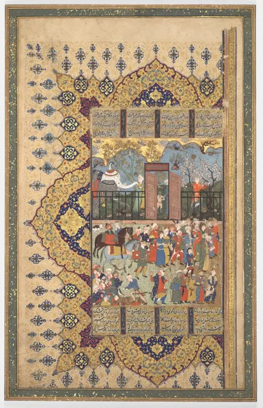 King Luhrasp Ascends the Throne: a Processon Arrives at Court (recto); the Story of King Luhrasp (verso) from a Shahnama (Book of Kings) of Firdausi (940-1019 or 1025) — تصویر رکورد موزهٔ هنر کلیولند (دسترسی آزاد)
