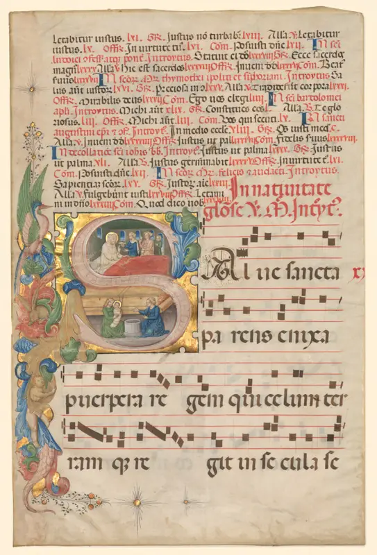 Leaf from a Gradual: Historiated Initial S[alve Sancta Parens] with Birth of the Virgin (recto) — تصویر رکورد موزهٔ هنر کلیولند (دسترسی آزاد)