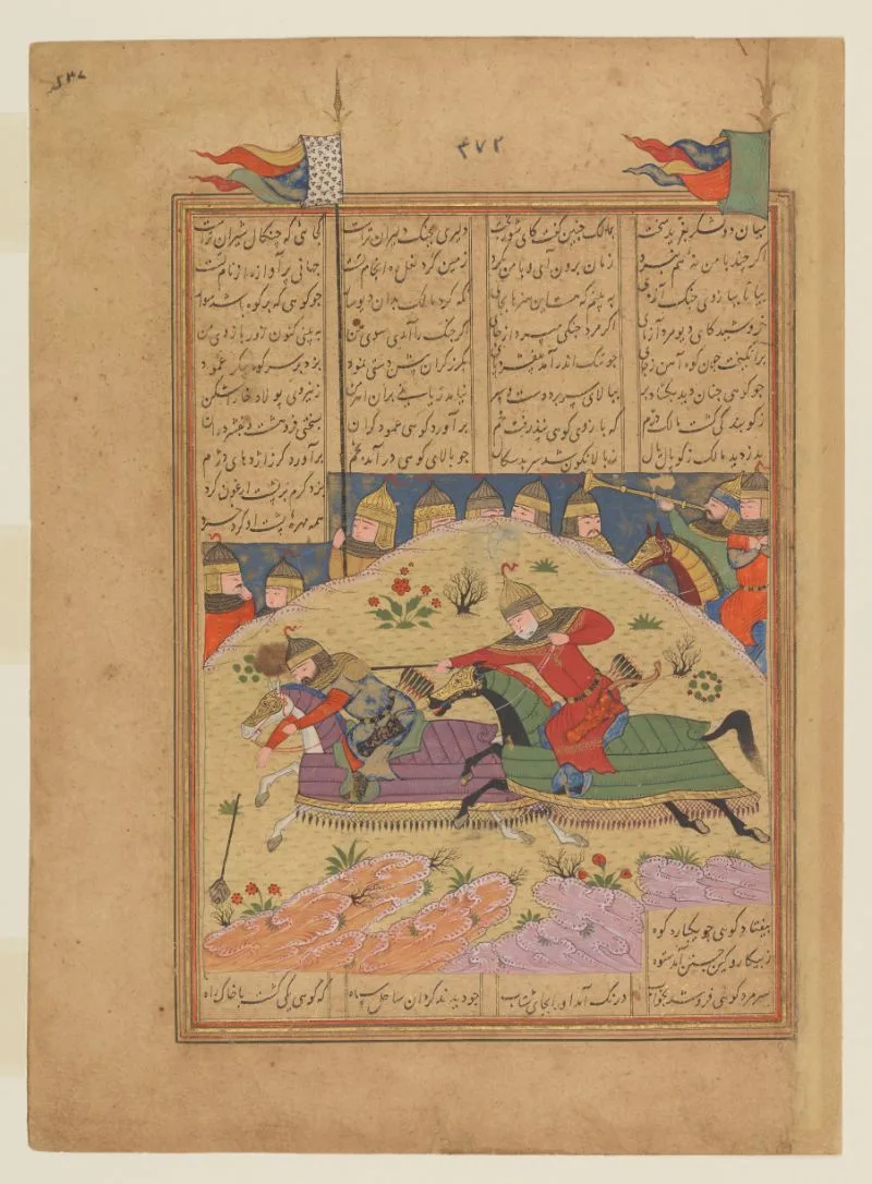 Mālik-e Azhdar defeats his enemy with a mace, from the Book of the East (Khāvarānnāma) by Ibn Ḥusām (d. 1470) — تصویر رکورد یوروپیانا