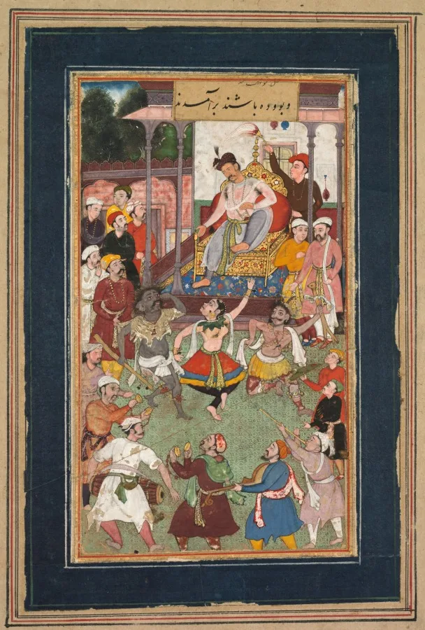 رقصندگان با هیئت مضحک در حال اجرای نمایش — نمای تکمیلی ثبت‌شده در رکورد موزه