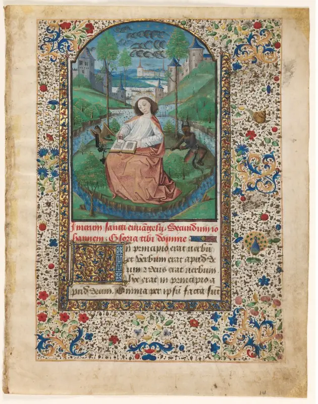 Leaf from a Book of Hours: John on Patmos (1 of 2 Excised Leaves) — تصویر رکورد موزهٔ هنر کلیولند (دسترسی آزاد)
