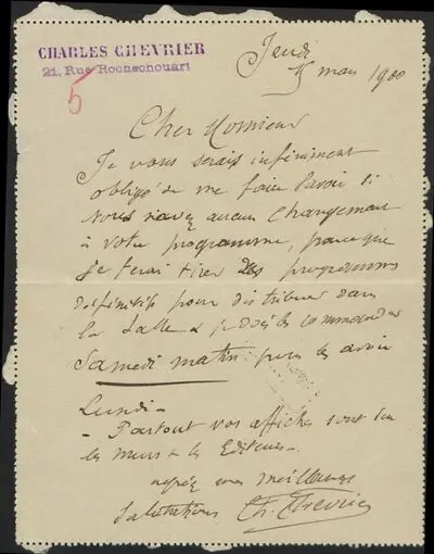 Carte poștală trimisă compozitorului George Enescu de către Charles Chevrier — تصویر رکورد یوروپیانا