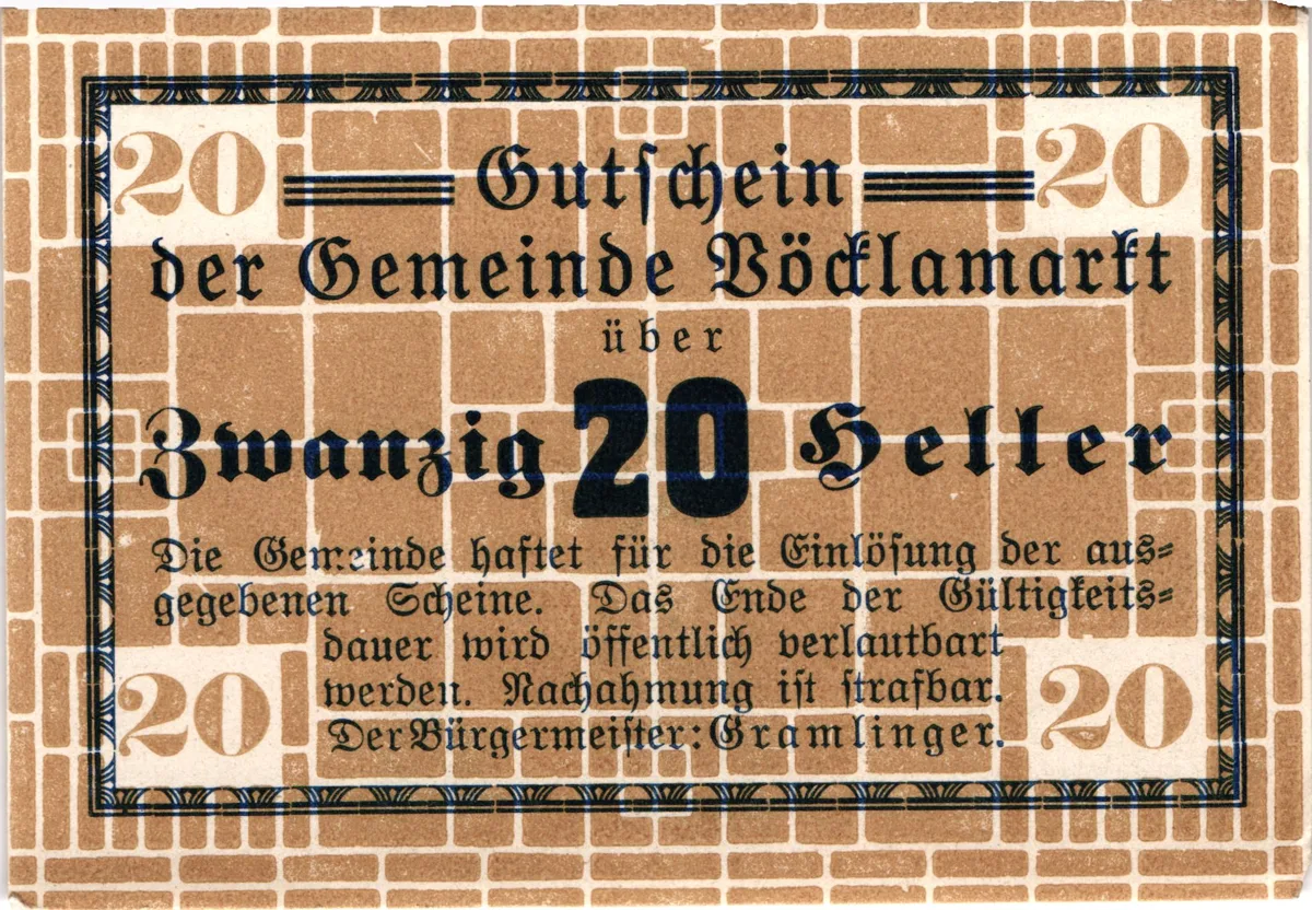 20 Heller, Notgeldschein der Gemeinde Vöcklamarkt, Oberösterreich — تصویر رکورد یوروپیانا