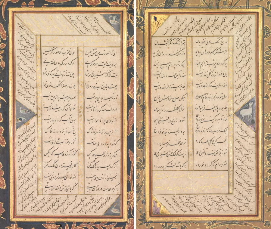 Page from the Panj Ganj (Five Treasures) of Abd al-Rahman Jami (Persian, 1414–1492), with two Persian masnavis (narrative poems): Yusuf va Zulaykha (Joseph and Zulaykha) and Subhat al-abrar (Rosary of the Righteous) — تصویر رکورد موزهٔ هنر کلیولند (دسترسی آزاد)