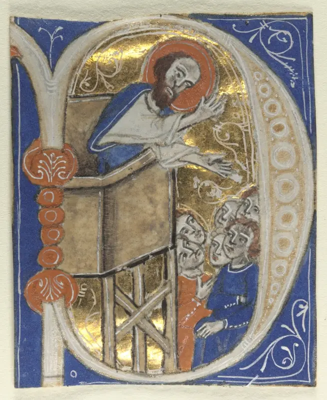 Historiated Initial Excised from a Bible: St. Paul Preaching — تصویر رکورد موزهٔ هنر کلیولند (دسترسی آزاد)