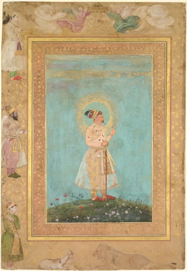 Shah Jahan holding a spinel and a long Deccan sword, from the Late Shah Jahan Album — تصویر رکورد موزهٔ هنر کلیولند (دسترسی آزاد)