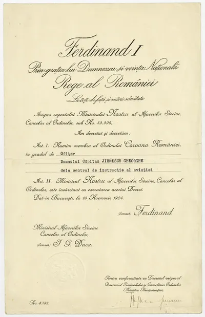 Brevet nr 3782 emis prin decret de regele Ferdinand I (1865-1927), la data de 13 noiembrie 1924, prin care căpitanul Gheorghe Jienescu, este numit membru al “Ordinului Coroana României”, în gradul de  — تصویر رکورد یوروپیانا