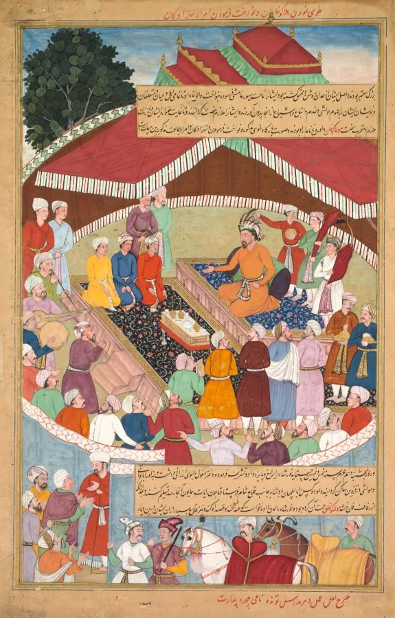 Hulagu Khan giving a feast and dispensing favor upon the amirs and princes, from a Chingiz-nama (Book of Chingiz Khan) of the Jami al-tavarikh (Compendium of Chronicles) — تصویر رکورد موزهٔ هنر کلیولند (دسترسی آزاد)