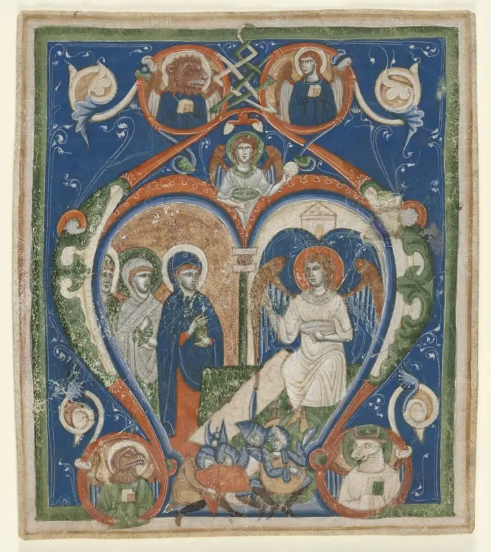 Initial A[ngelus Domini descendit] from an Antiphonary: The Three Marys at the Tomb — تصویر رکورد موزهٔ هنر کلیولند (دسترسی آزاد)