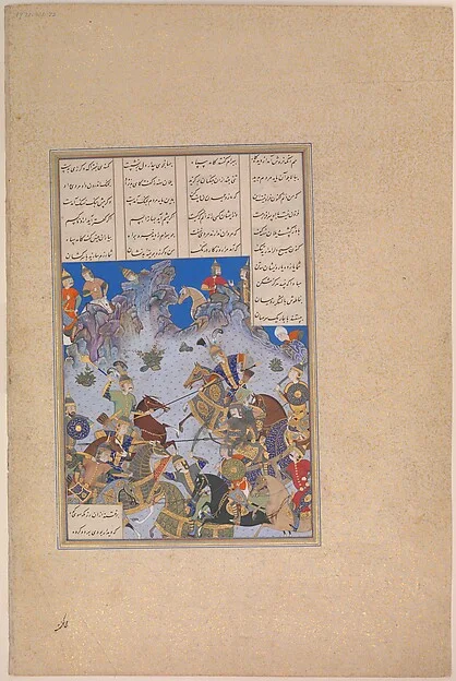 "Khusrau Parviz's Charge against Bahram Chubina", Folio 707v from the Shahnama (Book of Kings) of Shah Tahmasp — تصویر رکورد موزهٔ متروپولیتن (دسترسی آزاد)