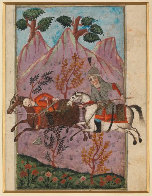Scene from the Shahnameh. Two men are riding on horseback through sparse woodland. In the background are mountains with two trees. — تصویر رکورد یوروپیانا