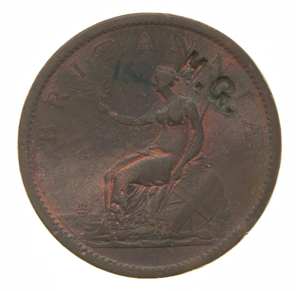 ژتون دارای علامت اضافه (Surcharged Token) - «H.G.» بر روی یک پنی، Annand, Smith & Co، ملبورن، ویکتوریا، استرالیا، ۱۸۴۹ — عکس رکورد موزه‌های ویکتوریا (استرالیا)