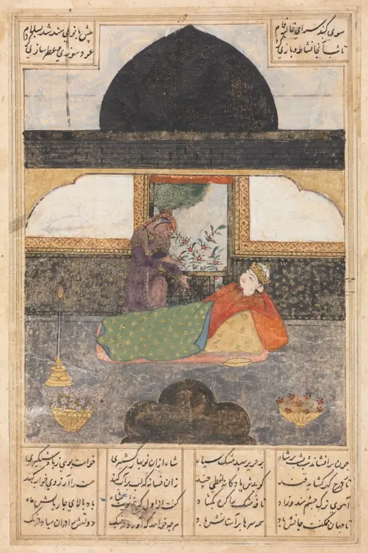 Bahram Gur Visits the Princess of India in the Black Pavilion (recto): Illustration and Text, Persian Verses, from a manuscript of the Khamsa of Nizami, Haft Paykar [Seven Portraits] — تصویر رکورد موزهٔ هنر کلیولند (دسترسی آزاد)