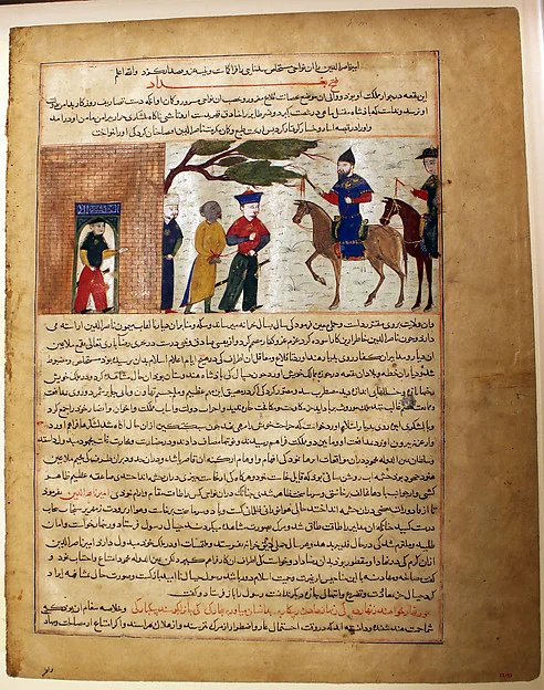 "Captured Indian Raja Brought to Sultan Mahmud of Ghazni", Folio from a Majma al-Tavarikh (World Histories) — تصویر رکورد موزهٔ متروپولیتن (دسترسی آزاد)