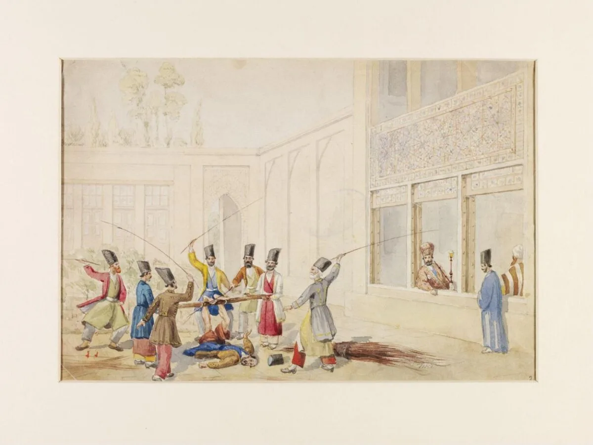 Administering the Felek or bastinado in Persia — تصویر رکورد موزهٔ ویکتوریا و آلبرت