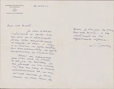 Scrisoare trimisă de către directorul Conservatorului Regal din Liège lui George Enescu — تصویر رکورد یوروپیانا