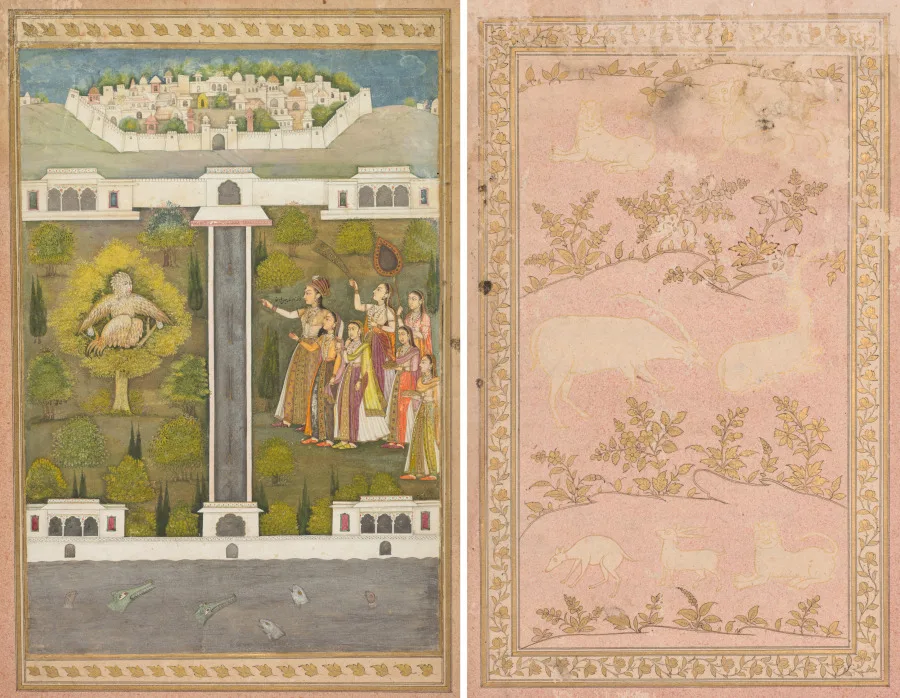 Mahliqa, Daughter of the Emperor of China, Pointing at the Bird-Man Khwaja Mubarak: A Leaf from a Poetical Romance Relating to Shah Alam I (verso); Stenciled Scenes of Lion and Gazelle (verso) — تصویر رکورد موزهٔ هنر کلیولند (دسترسی آزاد)