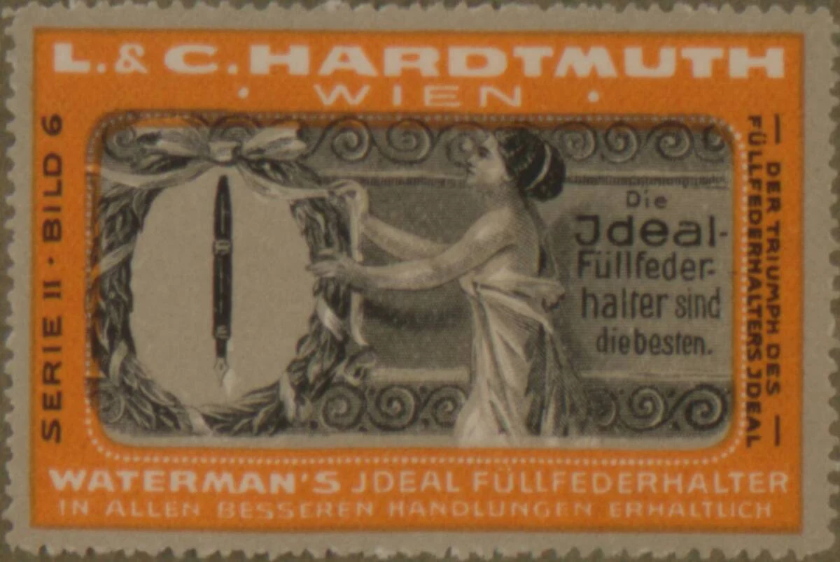 Werbeverschlussmarke für Waterman's Ideal Füllfederhalter von L. & C. Hardtmuth Wien. Der Triumph des Füllfederhalter Ideal. Serie II Bild 6 — تصویر رکورد یوروپیانا