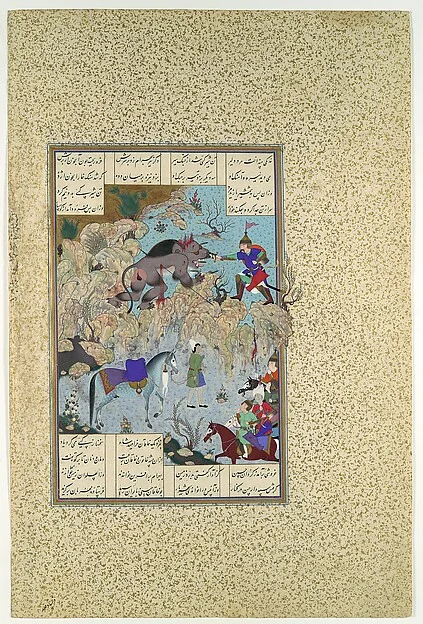 "Bahram Chubina Slays the Lion-Ape", Folio 715v from the Shahnama (Book of Kings) of Shah Tahmasp — تصویر رکورد موزهٔ متروپولیتن (دسترسی آزاد)