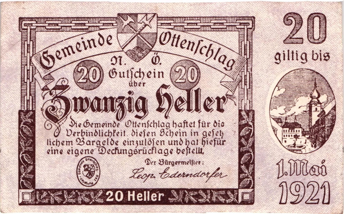 20 Heller, Notgeldschein der Gemeinde Ottenschlag, Niederösterreich — تصویر رکورد یوروپیانا