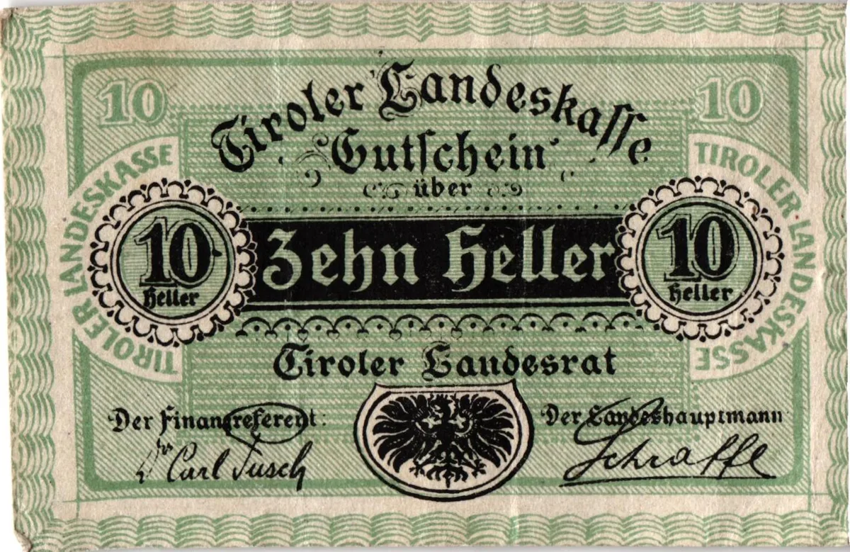 10 Heller, Notgeldschein der Tiroler Landeskasse, Tirol — تصویر رکورد یوروپیانا