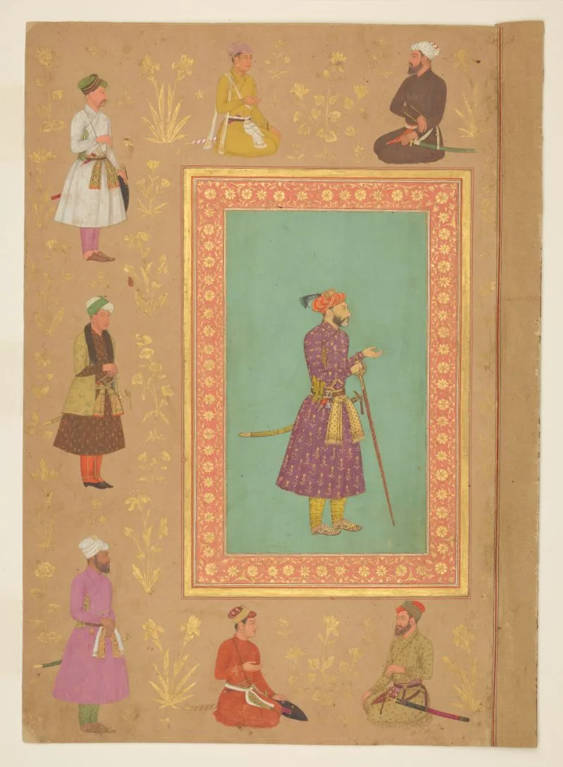 Portrait of a nobleman in purple jama and orange turban (recto), Persian calligraphy by Mir `Ali (verso), from the Late Shah Jahan Album — تصویر رکورد یوروپیانا