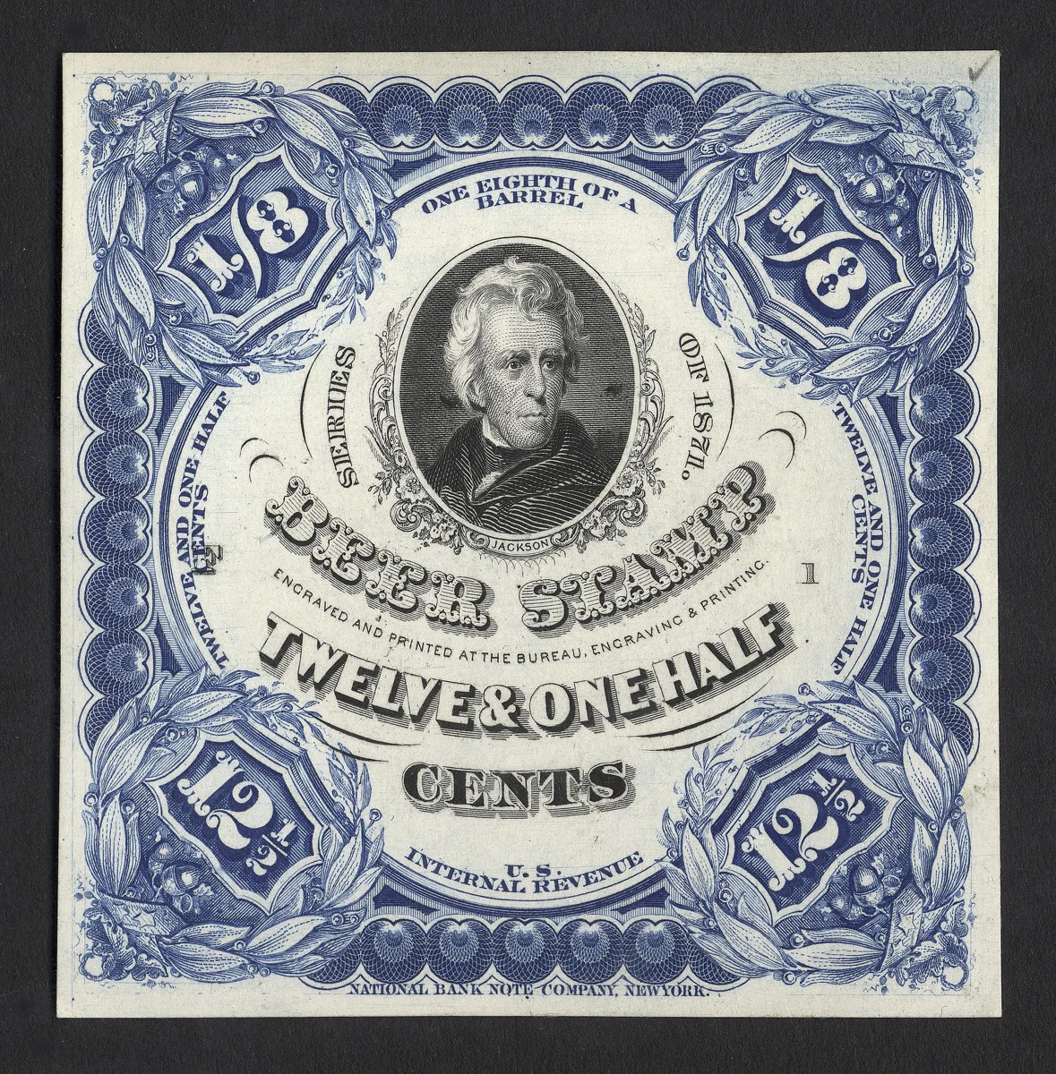 12 1/2c Beer revenue stamp proof single — تصویر رکورد موزهٔ ملی هنر آسیایی اسمیتسونیان (دسترسی آزاد)