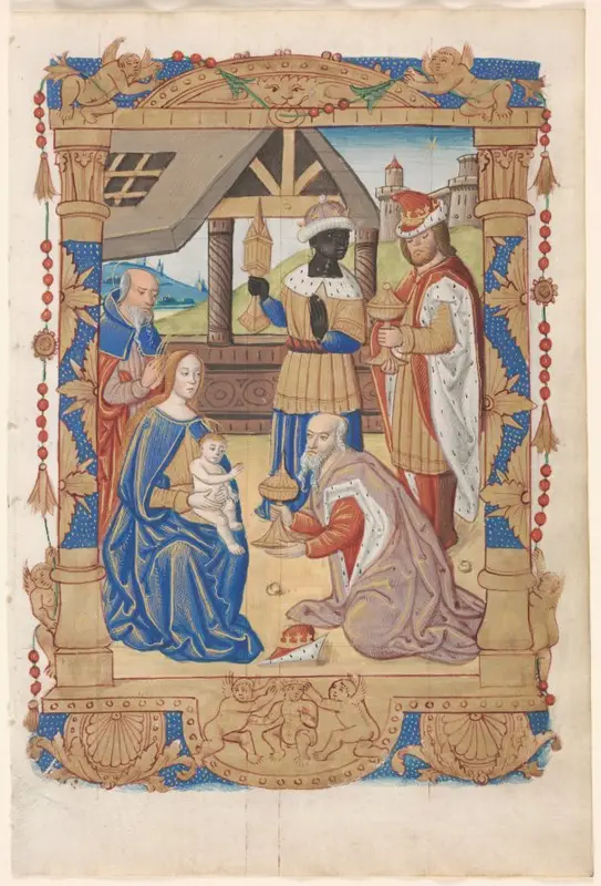 Leaf from a Book of Hours: Adoration of the Magi (recto) — تصویر رکورد موزهٔ هنر کلیولند (دسترسی آزاد)