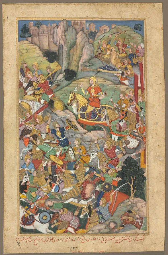 Mughal ruler Humayun defeating the Afghans before reconquering India, folio from an Akbar-nama (Book of Akbar) of Abu’l Fazl (Indian, 1551–1602) — تصویر رکورد موزهٔ هنر کلیولند (دسترسی آزاد)