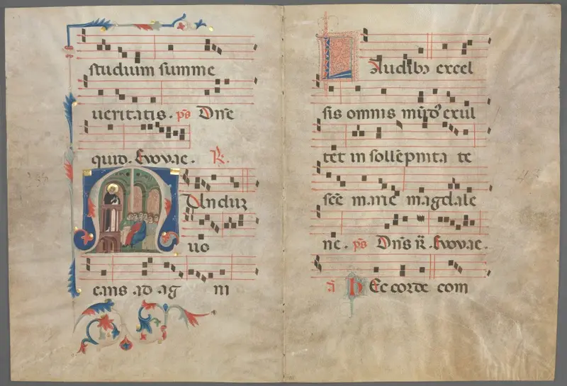 Bifolium from an Antiphonary: Initial M with Saint Dominic Preaching and Music — تصویر رکورد موزهٔ هنر کلیولند (دسترسی آزاد)