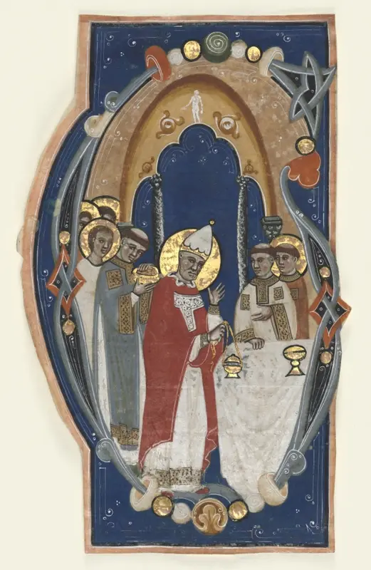 Historiated Initial (G) Excised from a Choir Book: St. Gregory the Great Celebrating Mass — تصویر رکورد موزهٔ هنر کلیولند (دسترسی آزاد)