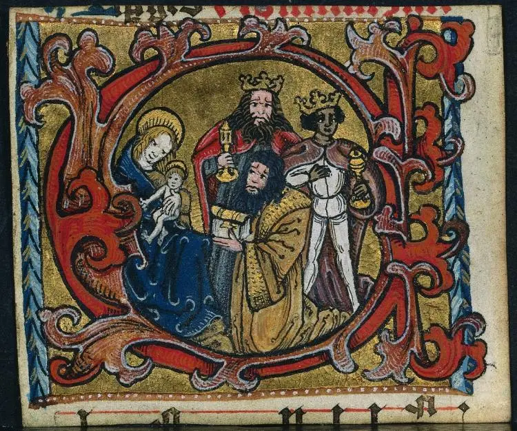 Three Cuttings from a Missal: Initial C with the Adoration of the Magi — تصویر رکورد موزهٔ هنر کلیولند (دسترسی آزاد)