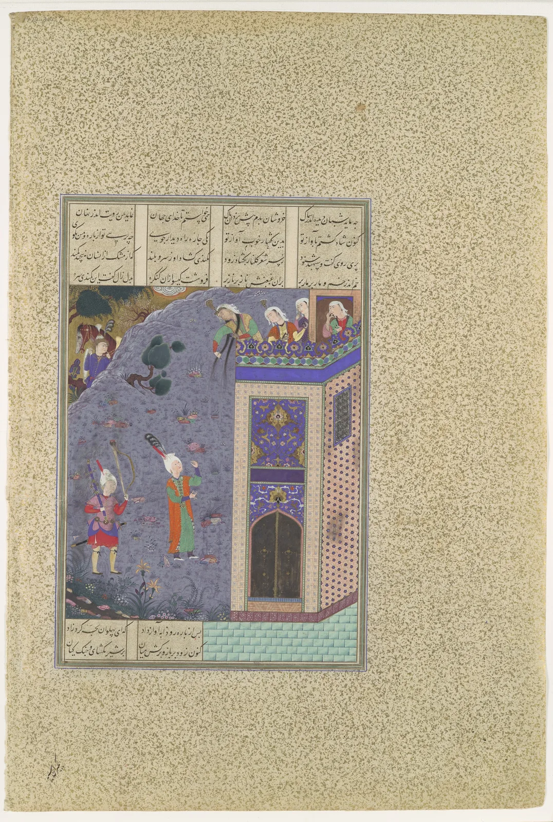 "Rudaba Makes a Ladder of Her Tresses", Folio 72v from the Shahnama (Book of Kings) of Shah Tahmasp — تصویر رکورد موزهٔ متروپولیتن (دسترسی آزاد)