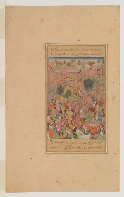 Akbar's army besieging Dunara fort in 1576, from the History of Akbar (Akbarnama), by Abu’l-Fazl — تصویر رکورد یوروپیانا