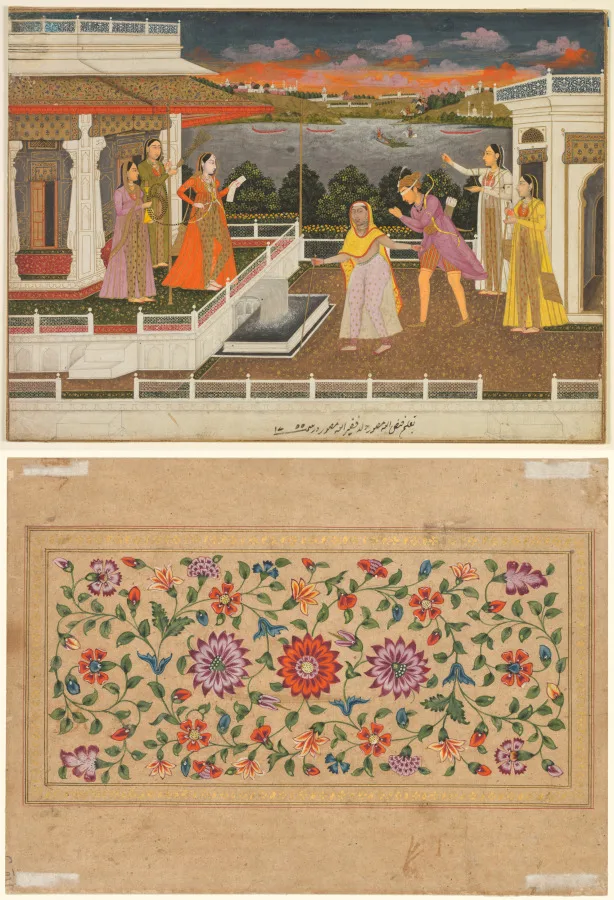 A blindfolded suitor is brought before a princess; verso: scrolling floral vines — تصویر رکورد موزهٔ هنر کلیولند (دسترسی آزاد)