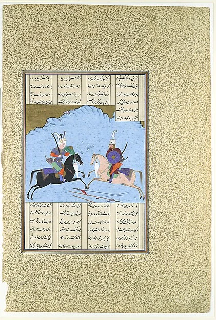 "Rustam and Isfandiyar Begin Their Combat", Folio 461v from the Shahnama (Book of Kings) of Shah Tahmasp — تصویر رکورد موزهٔ متروپولیتن (دسترسی آزاد)