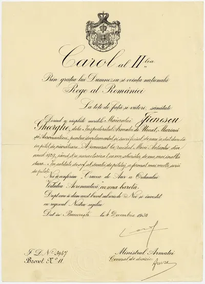 Brevet nr. 11, emis de regele Carol al II-lea (1893-1953), prin care i se acordă maiorului Gheorghe Jienescu “Crucea de Aur a Ordinului Virtutea Aeronautică”, cu baretă. În partea inferioară, sigiliul — تصویر رکورد یوروپیانا