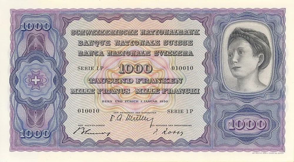 روی اسکناس 1000 francs فرانک سوئیس