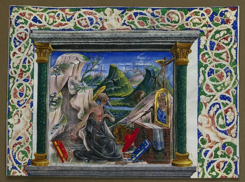 Miniature Excised from a Manuscript: St. Jerome in the Wilderness — تصویر رکورد موزهٔ هنر کلیولند (دسترسی آزاد)