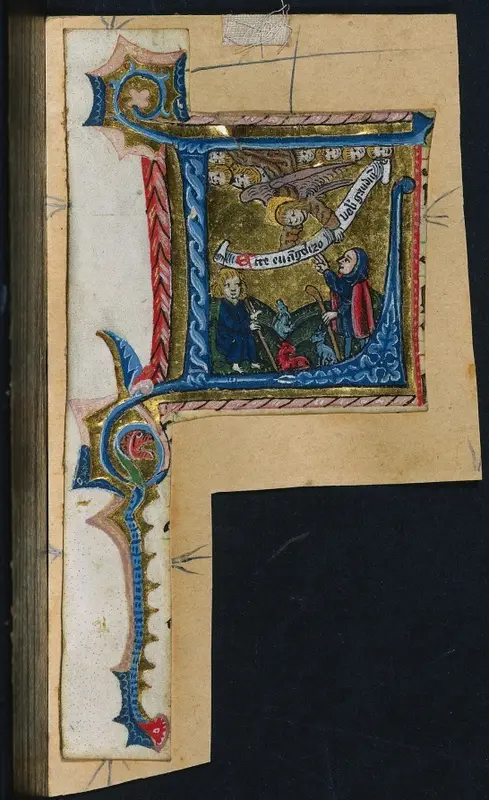 Three Cuttings from a Missal: Initial L with the Annunciation to the Shepherds — تصویر رکورد موزهٔ هنر کلیولند (دسترسی آزاد)