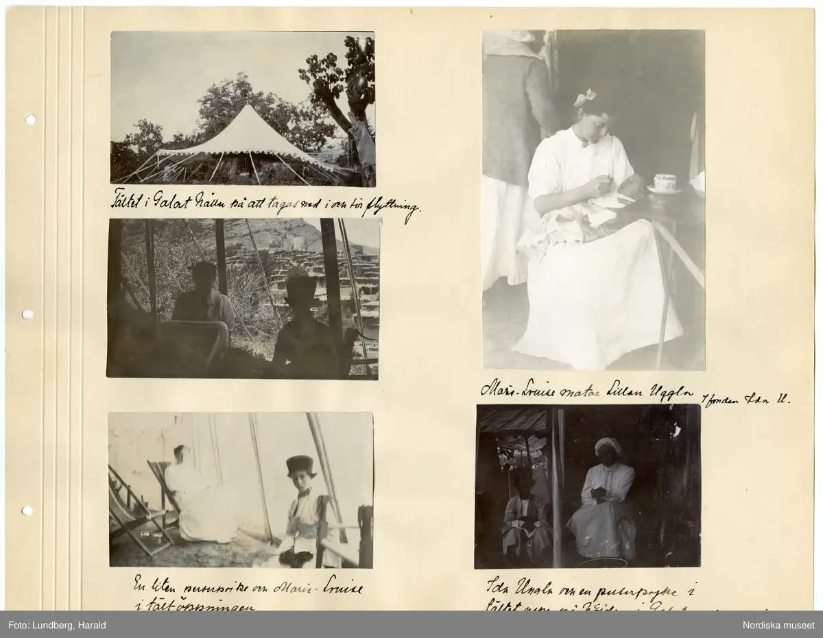 Sida ur fotoalbum med bilder från Harald Lundbergs vistelse i Persien. "Tältet i Galat håller på att tagas ned i och för flyttning." "En liten perserpojke och Marie-Louise i tältöppningen." "Marie-Lou — تصویر رکورد یوروپیانا