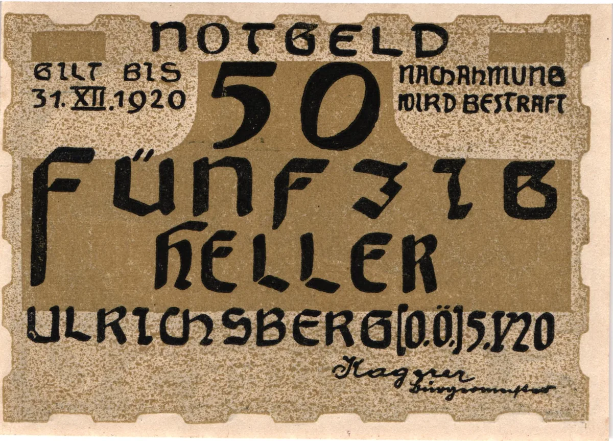 50 Heller, Notgeldschein der Gemeinde Ulrichsberg, Oberösterreich — تصویر رکورد یوروپیانا