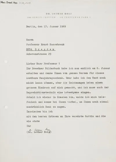 Dankesbrief von Lothar Bolz an Ernst Hassebrauk vom 17. Januar 1969. Schreibmaschinenblatt mit Autograph; 29,8 x 20,9 cm. Dresden: SLUB Mscr.Dresd.App.2534,1527 — تصویر رکورد یوروپیانا