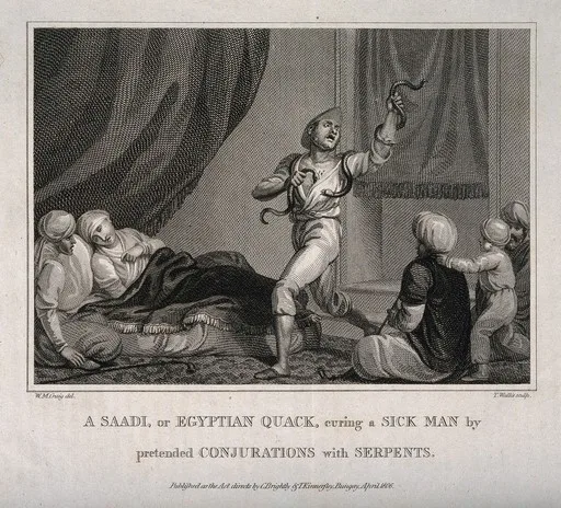 A Saadi, or Egyptian shaman using snakes and incantations to cure a sick man. Engraving by T. Wallis, 1806, after W.M. Craig. — تصویر رکورد یوروپیانا