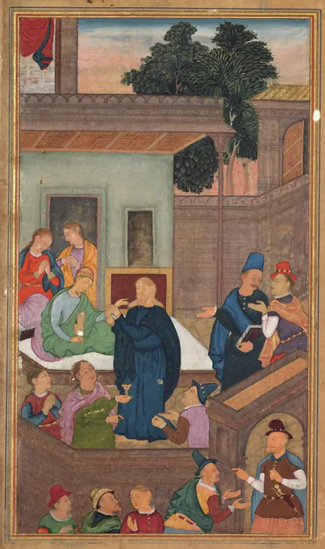 Jesus Raises Jairus’s Daughter from the Dead (folio 82 verso), from a Mirror of Holiness (Mir’at al-quds) of Father Jerome Xavier — تصویر رکورد موزهٔ هنر کلیولند (دسترسی آزاد)